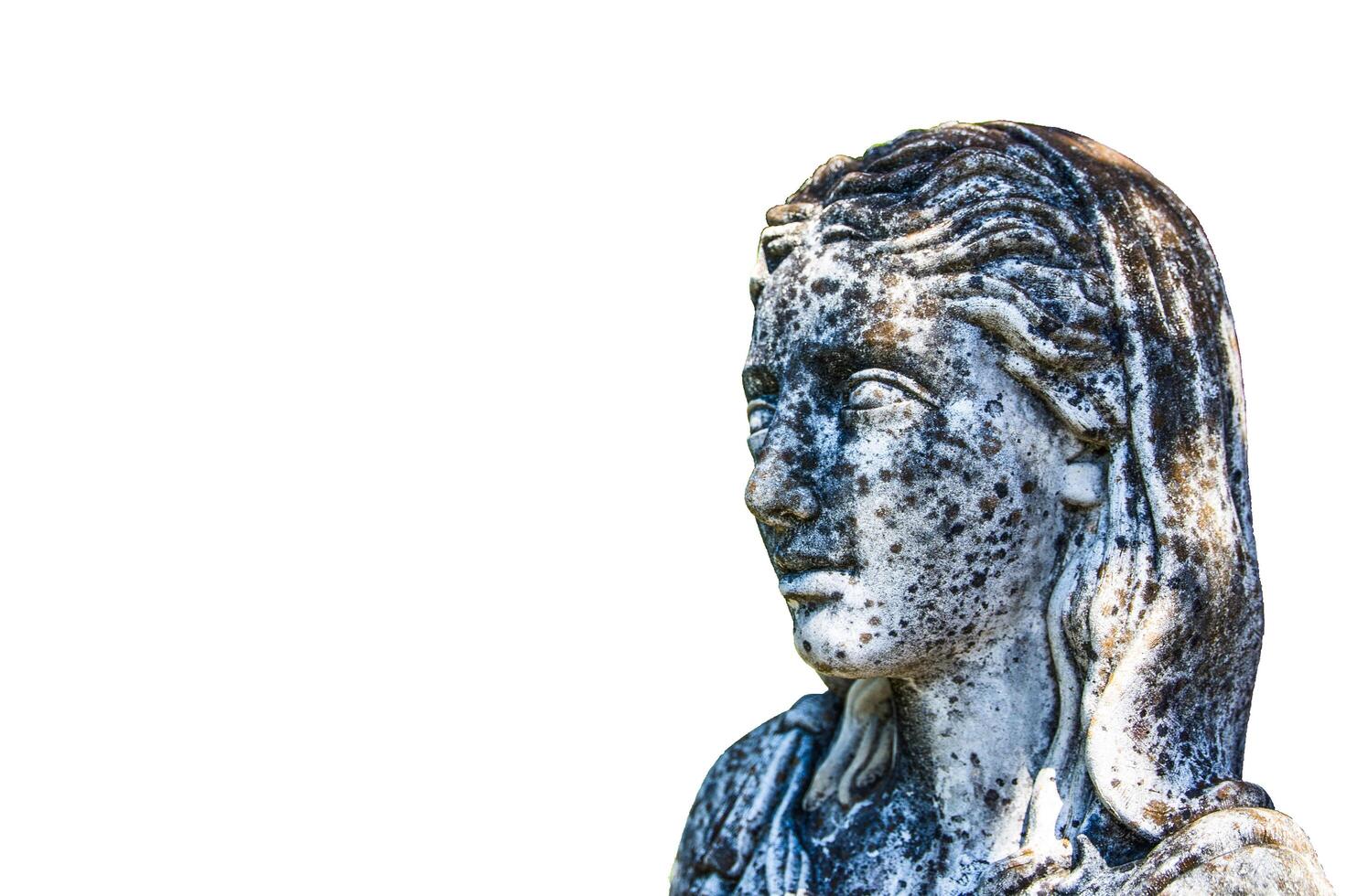 Sand stone beautiful lady face sculpture isolated on white background. photo