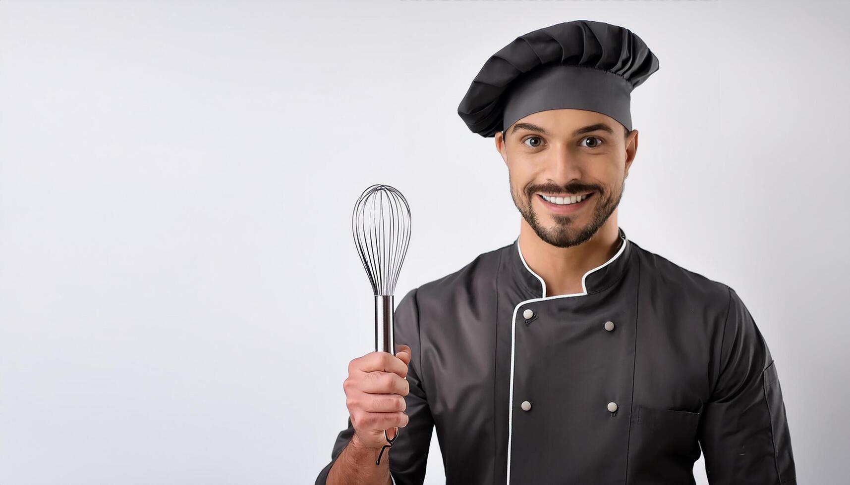 Happy man chef confectioner holding whisk on white background. photo