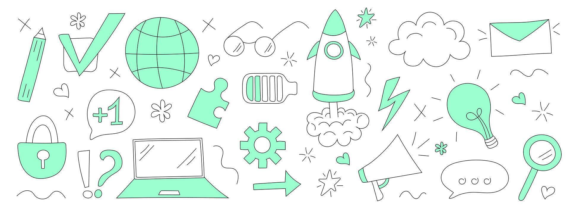 Internet concept art. Hand drawn set of web technology elements vector