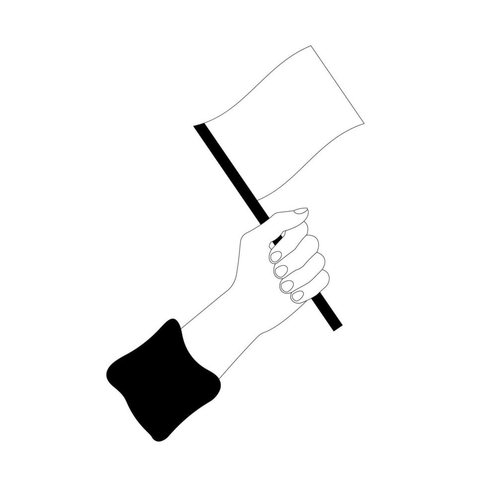 Flag in hand. Line art hand drawn black and white illustration isolated on white background vector