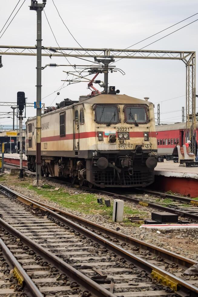 Amritsar, India, June 03 2024 - Indian train electric locomotive engine at Amritsar railway station during the day time, Amritsar Shatabdi train electrical locomotive engine photo