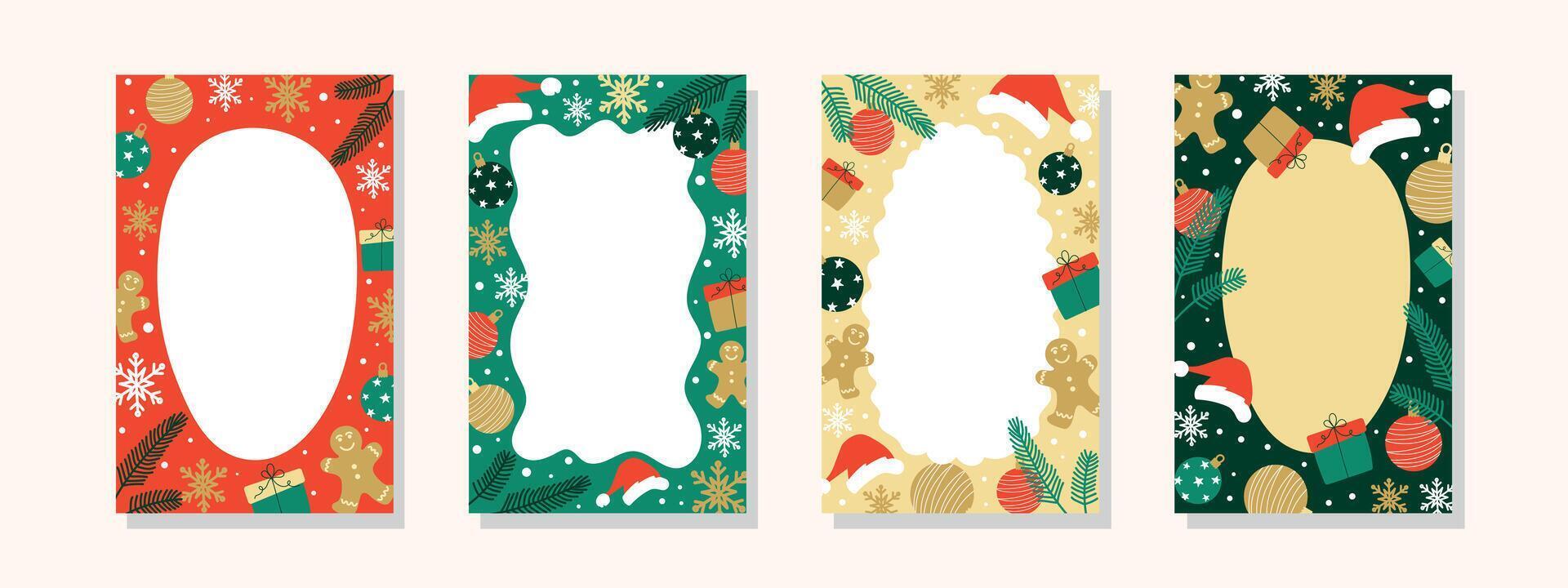 Christmas frames with gift boxes, fir tree, gingerbread man and snowflakes. vector