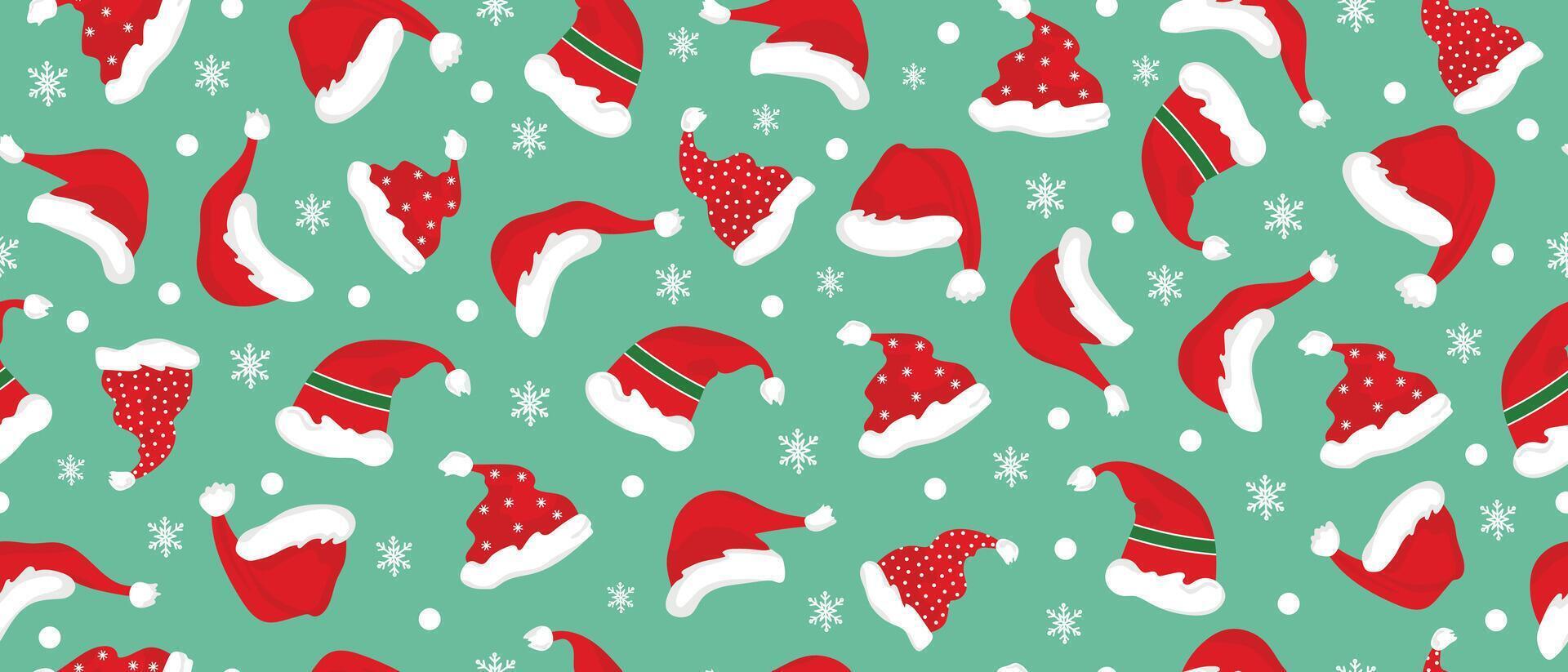 Hand drawn Christmas seamless pattern with Santa hats, great for textile, banners, wallpaper, packaging. vector