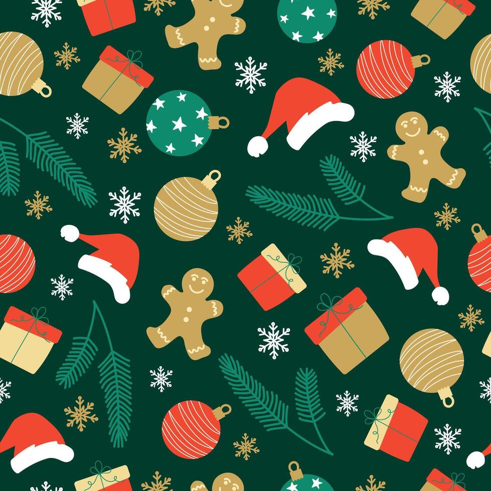 Christmas seamless pattern with traditional symbols. Winter repeating texture with New Year decorations. vector