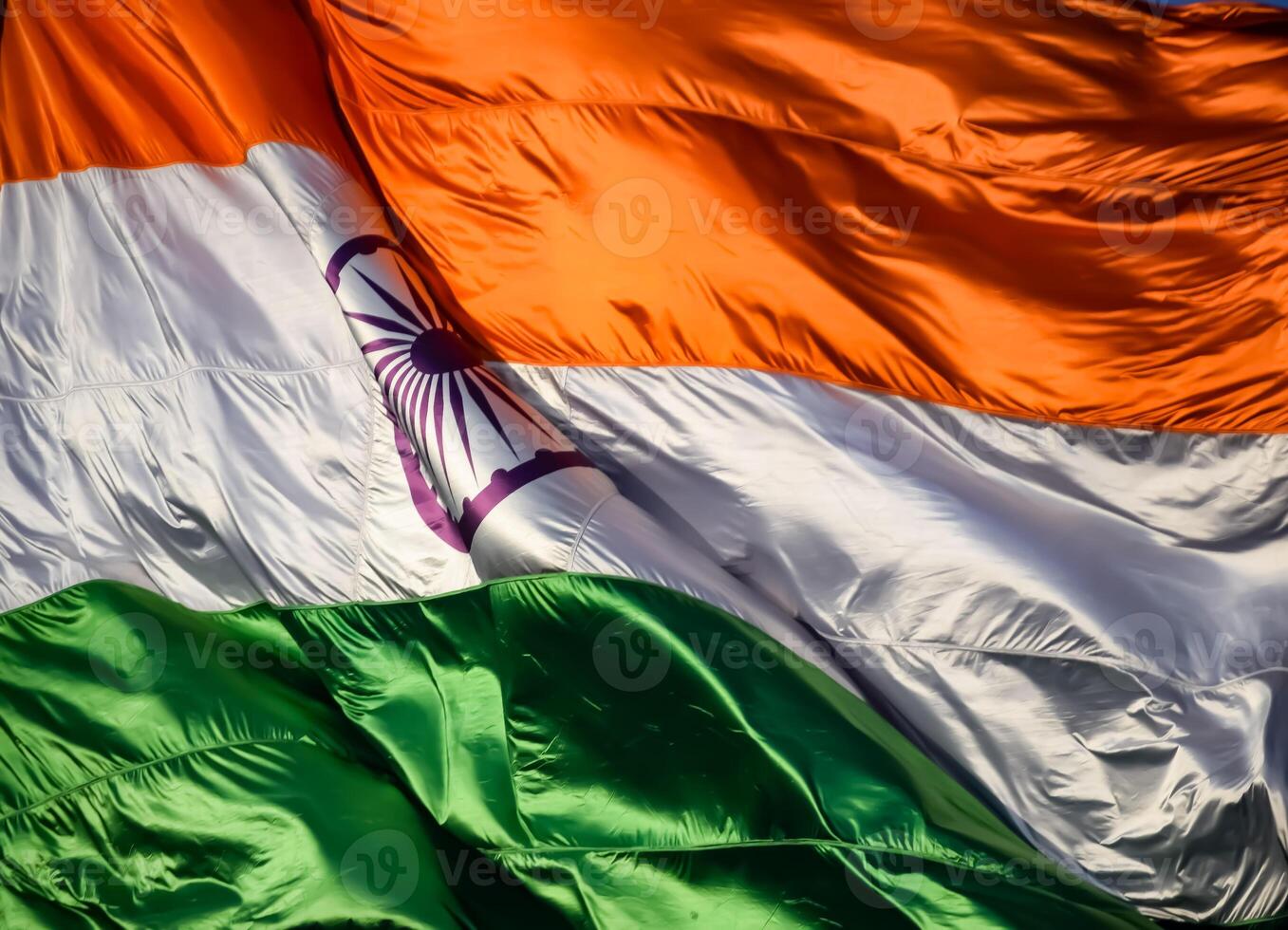 India flag flying high at Connaught Place with pride in blue sky, India flag fluttering, Indian Flag on Independence Day and Republic Day of India, tilt up shot, Waving Indian flag, Har Ghar Tiranga photo