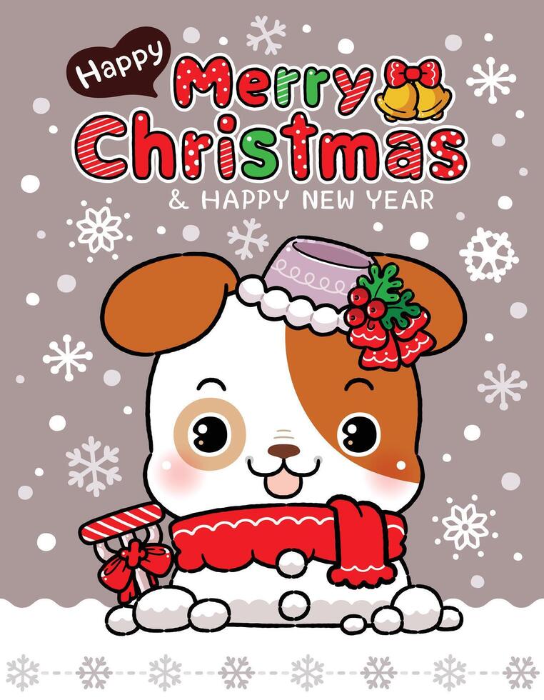 Cute Cartoon Little Puppy with Snowman Costume, night sky background. Merry Christmas Theme, Happy New Year congratulation design. vector