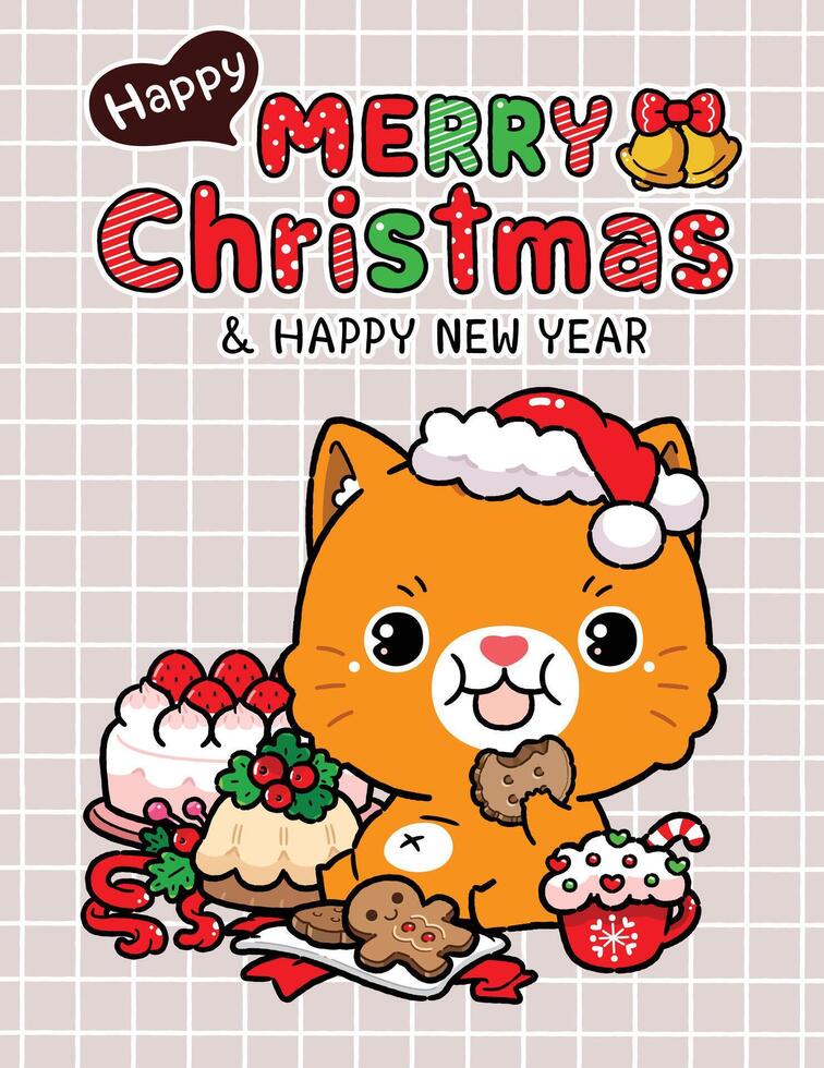 Cute Cartoon Little Cat Enjoys Eating Gingerbread Cookies, Christmas Bakery and Food, Merry Christmas Party, Happy New year congratulation design. vector