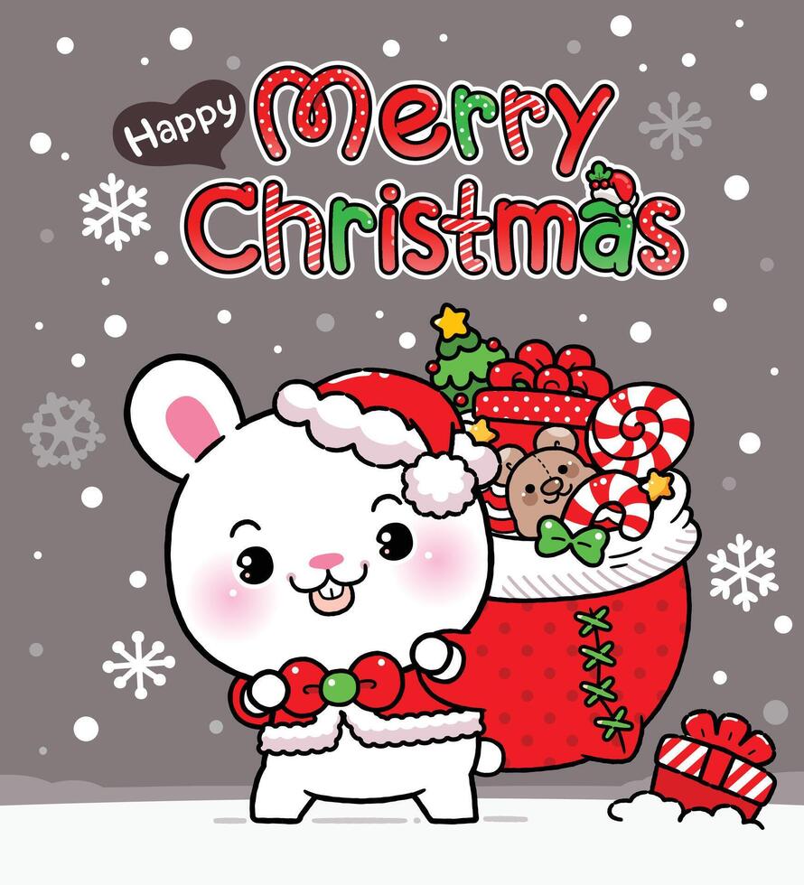 Cute Bunny with Christmas Santa Red Cap, Santa Claus Holding Gift Bag, Happy New year congratulation design vector