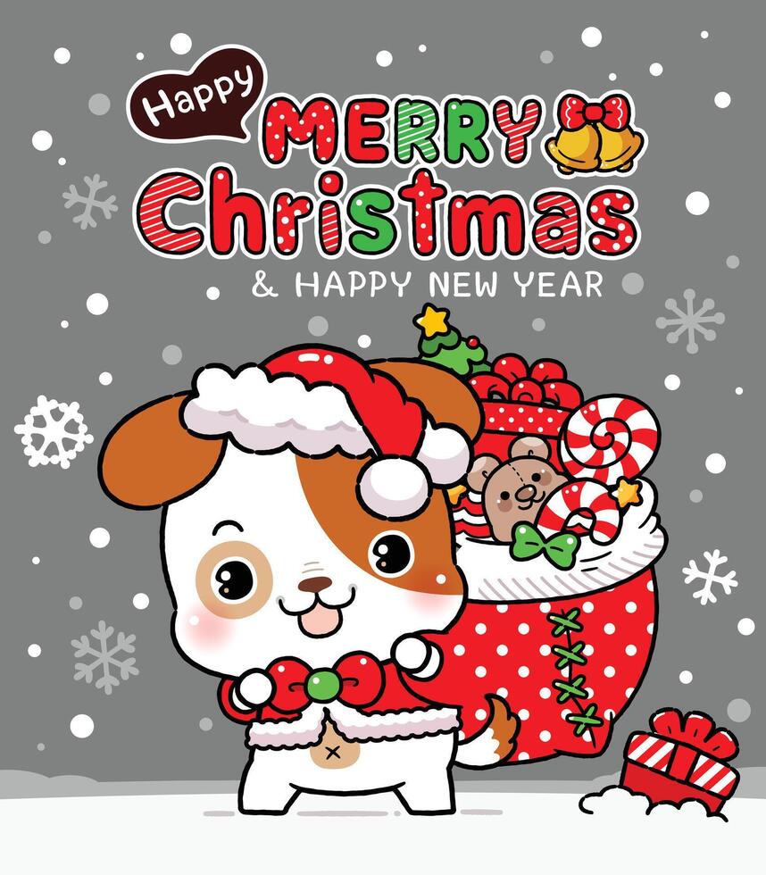Cute Puppy with Christmas Santa Red Cap, Santa Claus Holding Gift Bag, Happy New year congratulation design vector