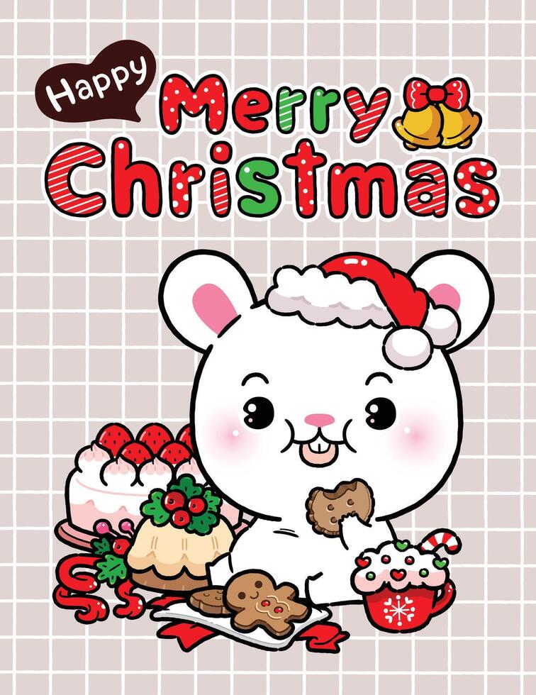 Cute Cartoon Little Rabbit Enjoys Eating Gingerbread Cookies, Christmas Bakery and Food, Merry Christmas Party, Happy New year congratulation design. vector