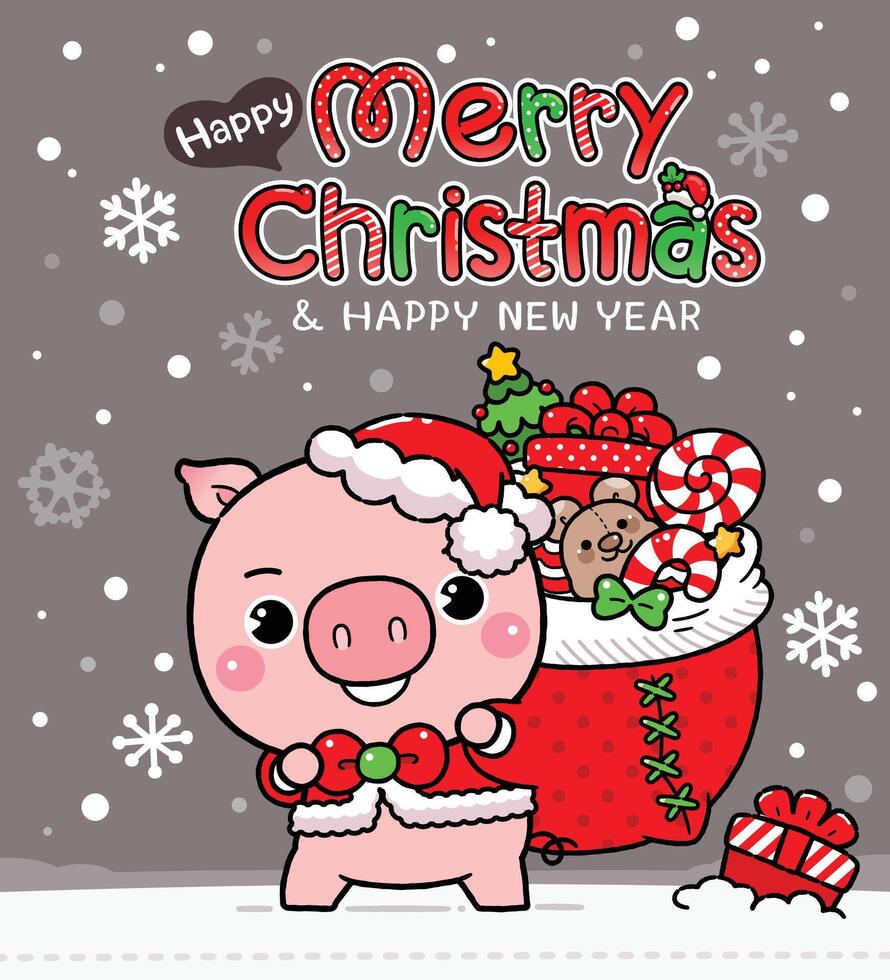 Cute Piglet with Christmas Santa Red Cap, Santa Claus Holding Gift Bag, Happy New year congratulation design vector