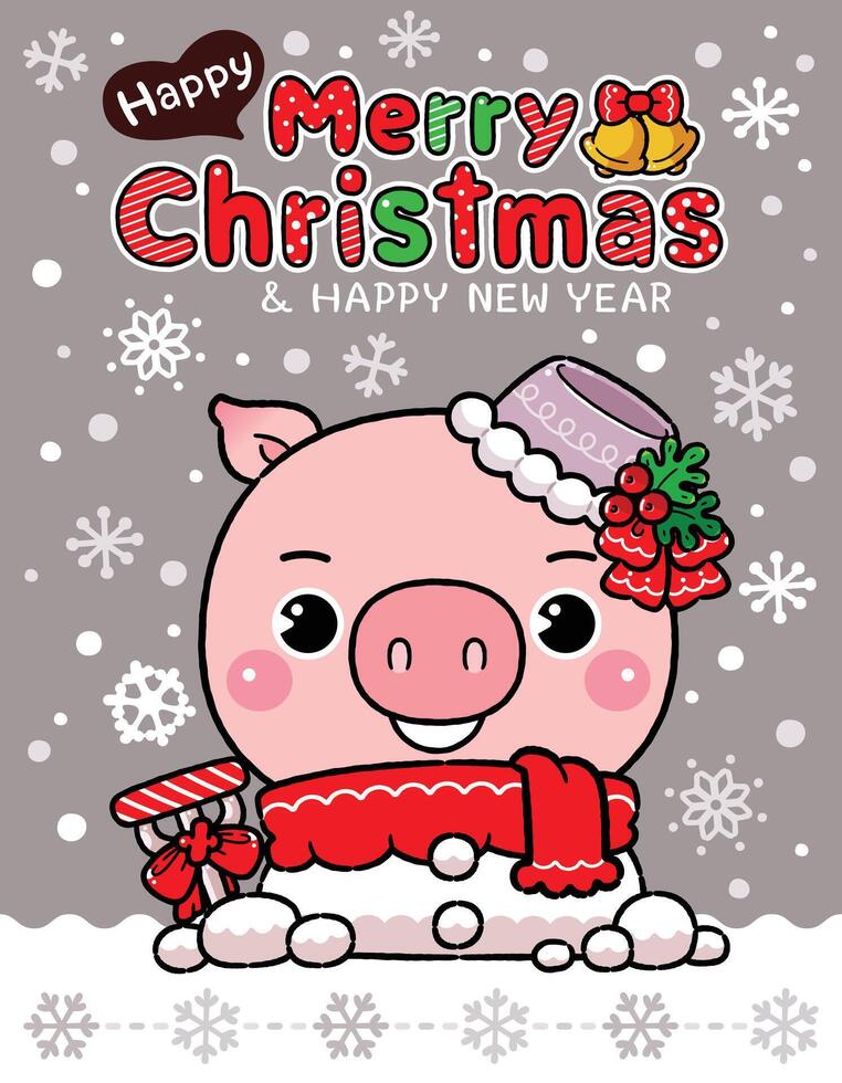 Cute Cartoon Little Pig with Snowman Costume, night sky background. Merry Christmas Theme, Happy New Year congratulation design. vector