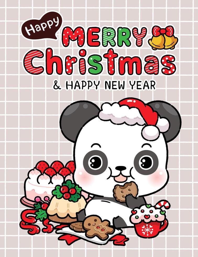 Cute Cartoon Little Panda Enjoys Eating Gingerbread Cookies, Christmas Bakery and Food, Merry Christmas Party, Happy New year congratulation design. vector