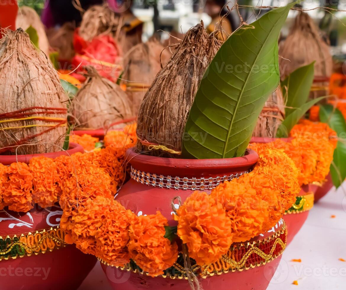 Kalash with coconut and mango leaf with floral decoration earthen pots containing sacred water. Kalash for hindu puja during Jagannath Temple Mangal Kalash Yatra, front view, closeup photo