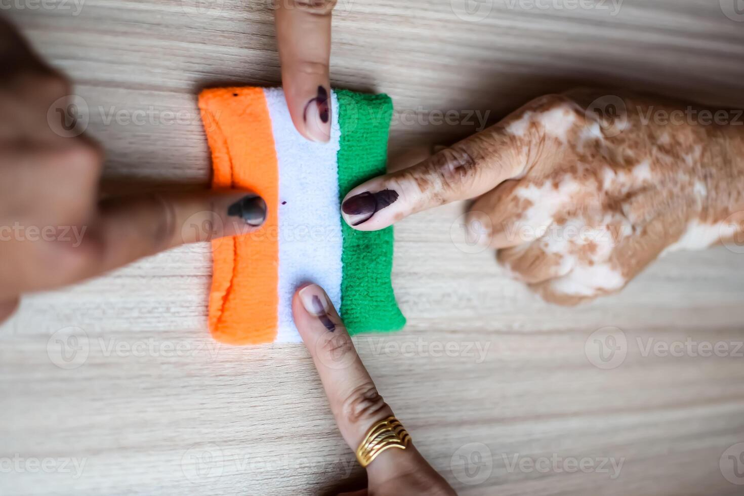 Young voter showing her ink-marked fingers after casting votes near polling booth of east Delhi, India for general Lok Sabha Elections 2024 photo