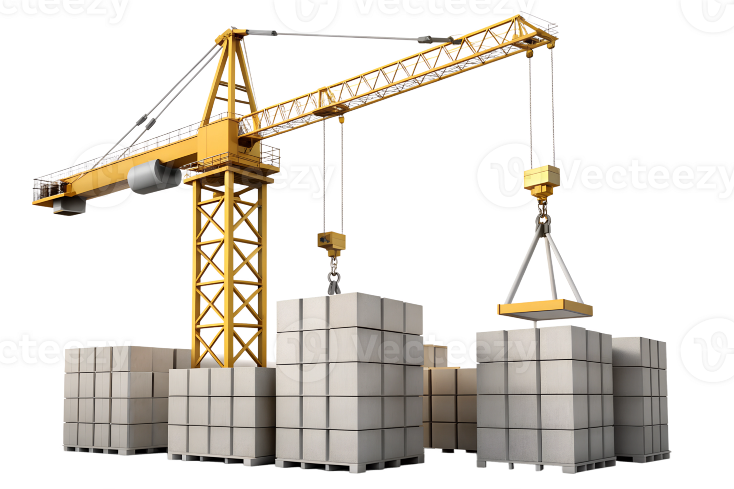 Yellow tower crane lifting concrete blocks, construction scene, transparent background png