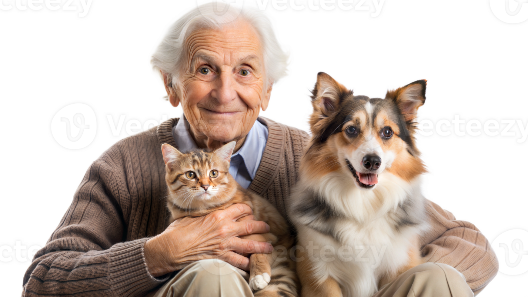 Elderly man smiling with cat and dog, transparent background png