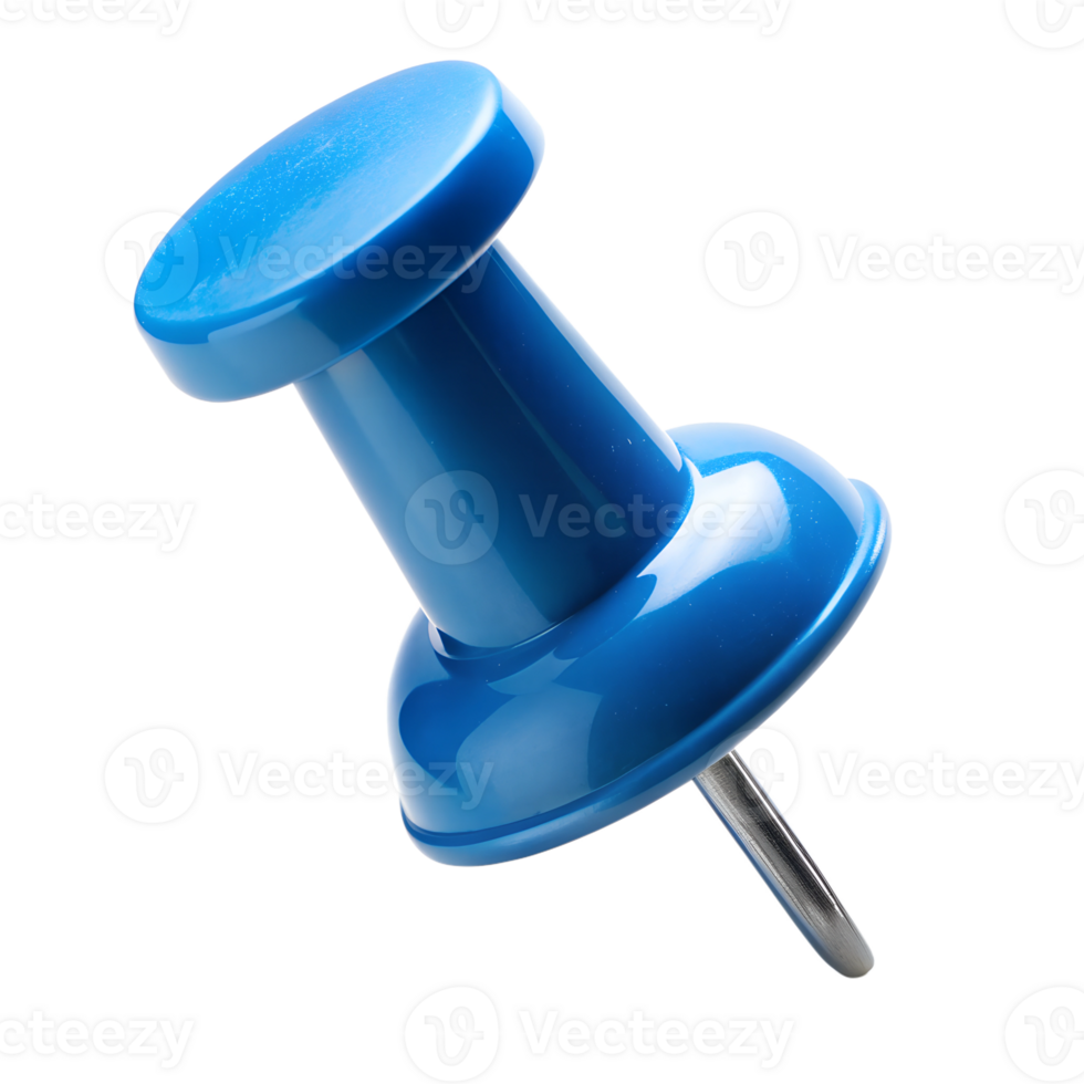 Blue pushpin angled view, isolated, cut out transparent png