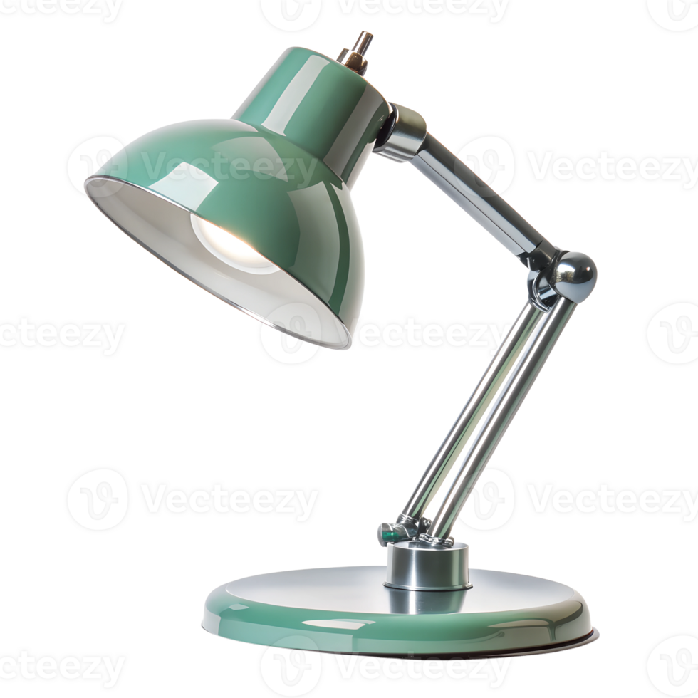 Green desk lamp with light on, cut out transparent png