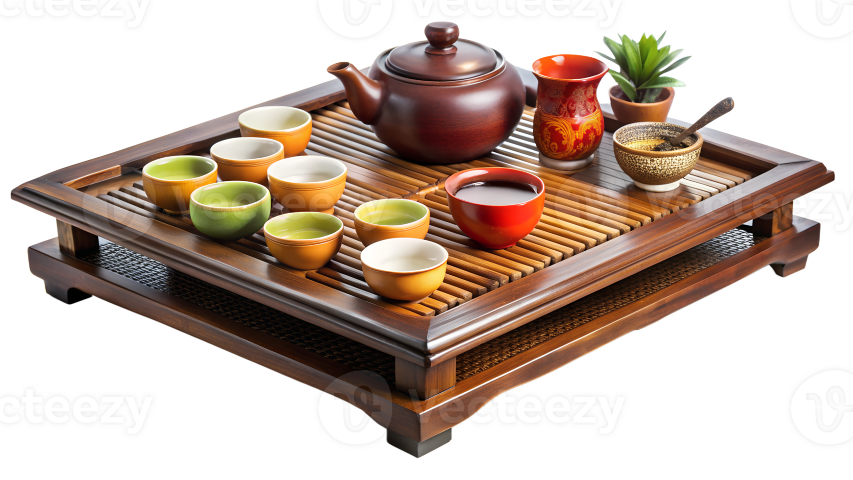 Elegant tea ceremony setup with wooden tray, colorful cups, transparent background png