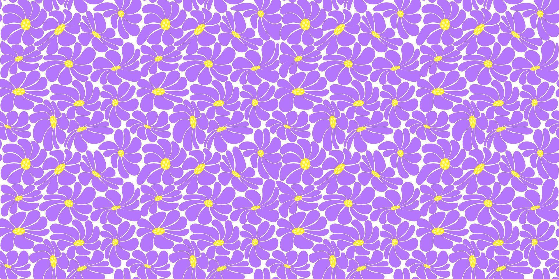Vibrant seamless pattern of purple groovy daisy flowers with yellow centers on a white background. Perfect for textiles, wallpapers, and digital retro designs. vector