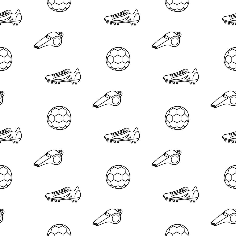 Seamless pattern of soccer ball, cleat and whistle. Sports abstract black and white background template. Perfect for backgrounds, wallpaper and textile vector