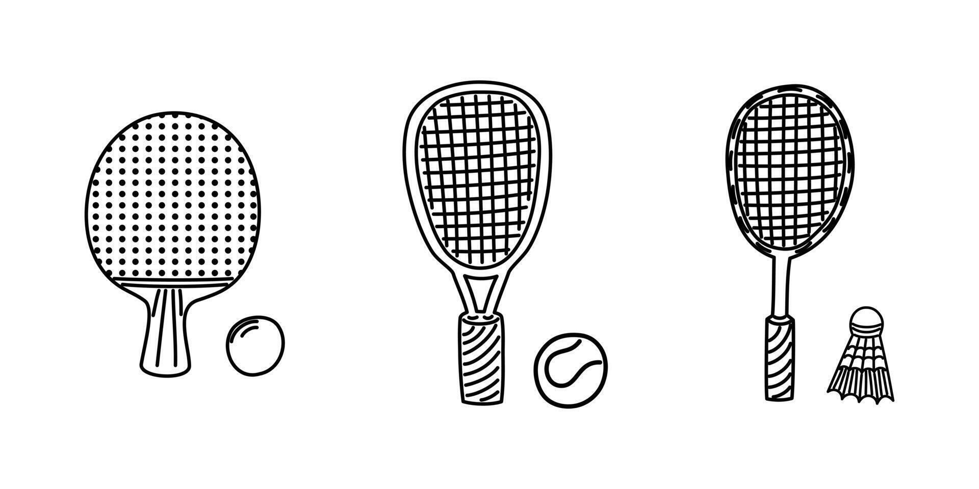 Set of icons of badminton, ping pong table tennis and weightlifting rackets with ball. Hand drawn doodle icons for active sports. vector