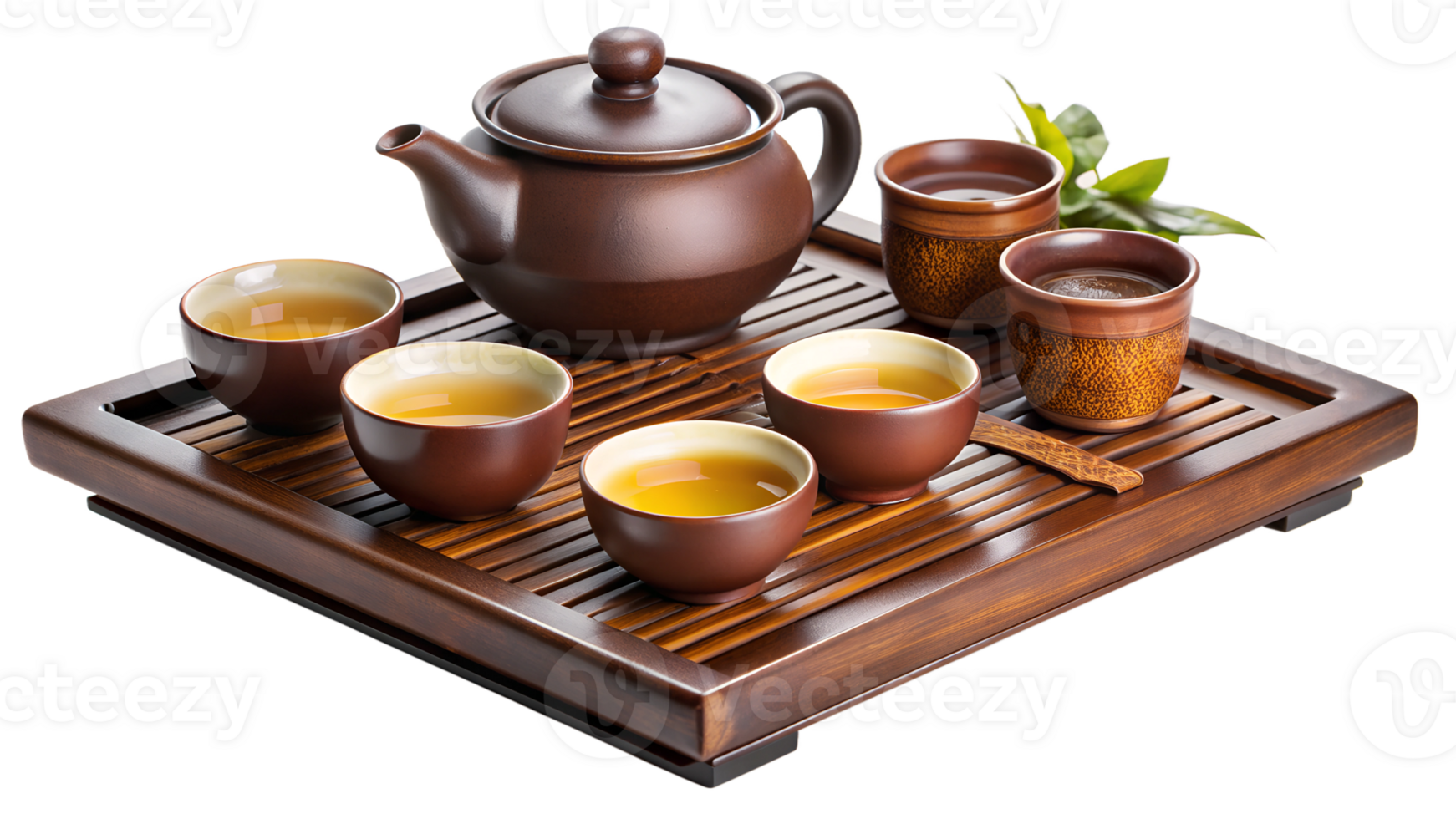 Classic tea set with four brown cups on wooden tray, transparent background png