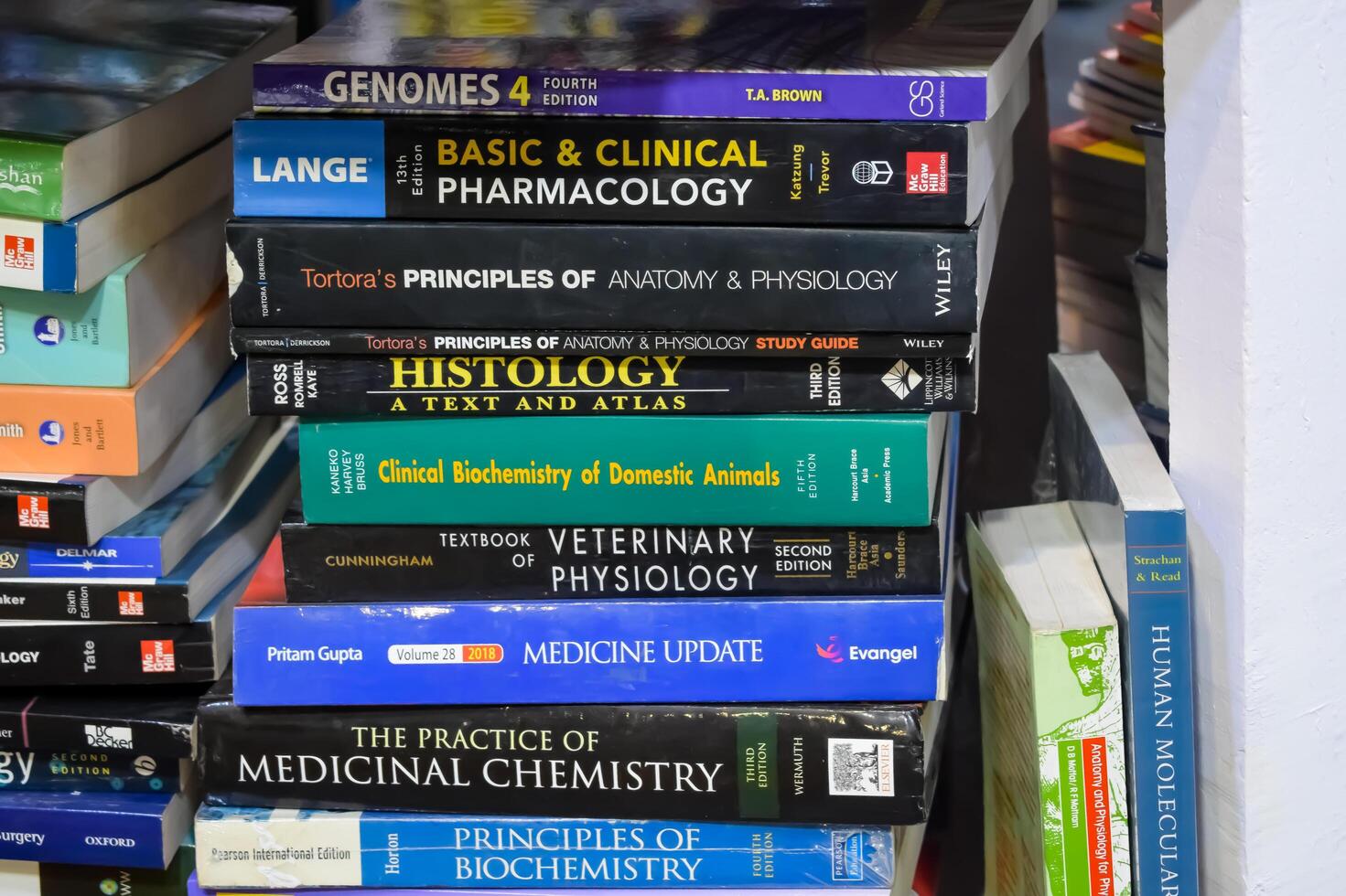 New Delhi, India, July 17 2024 - Variety of Books on shelf inside a book-stall at Delhi International Book Fair, Selection of books on display in Annual Book Fair at Bharat Mandapam complex photo
