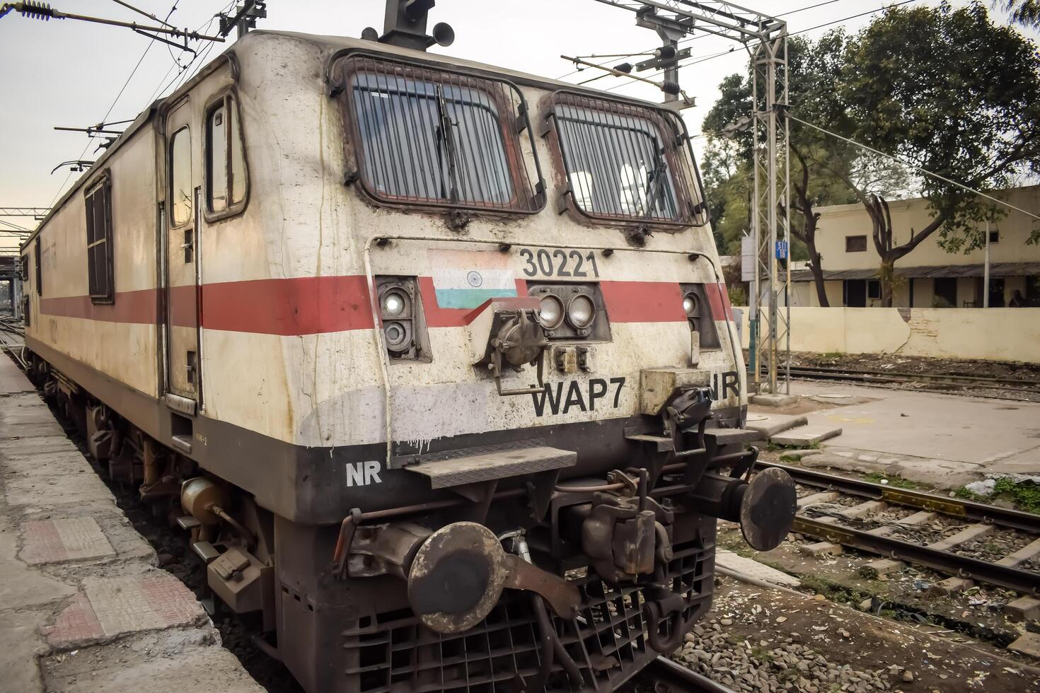 Amritsar, India, June 03 2024 - Indian train electric locomotive engine at Amritsar railway station during the day time, Amritsar Shatabdi train electrical locomotive engine photo