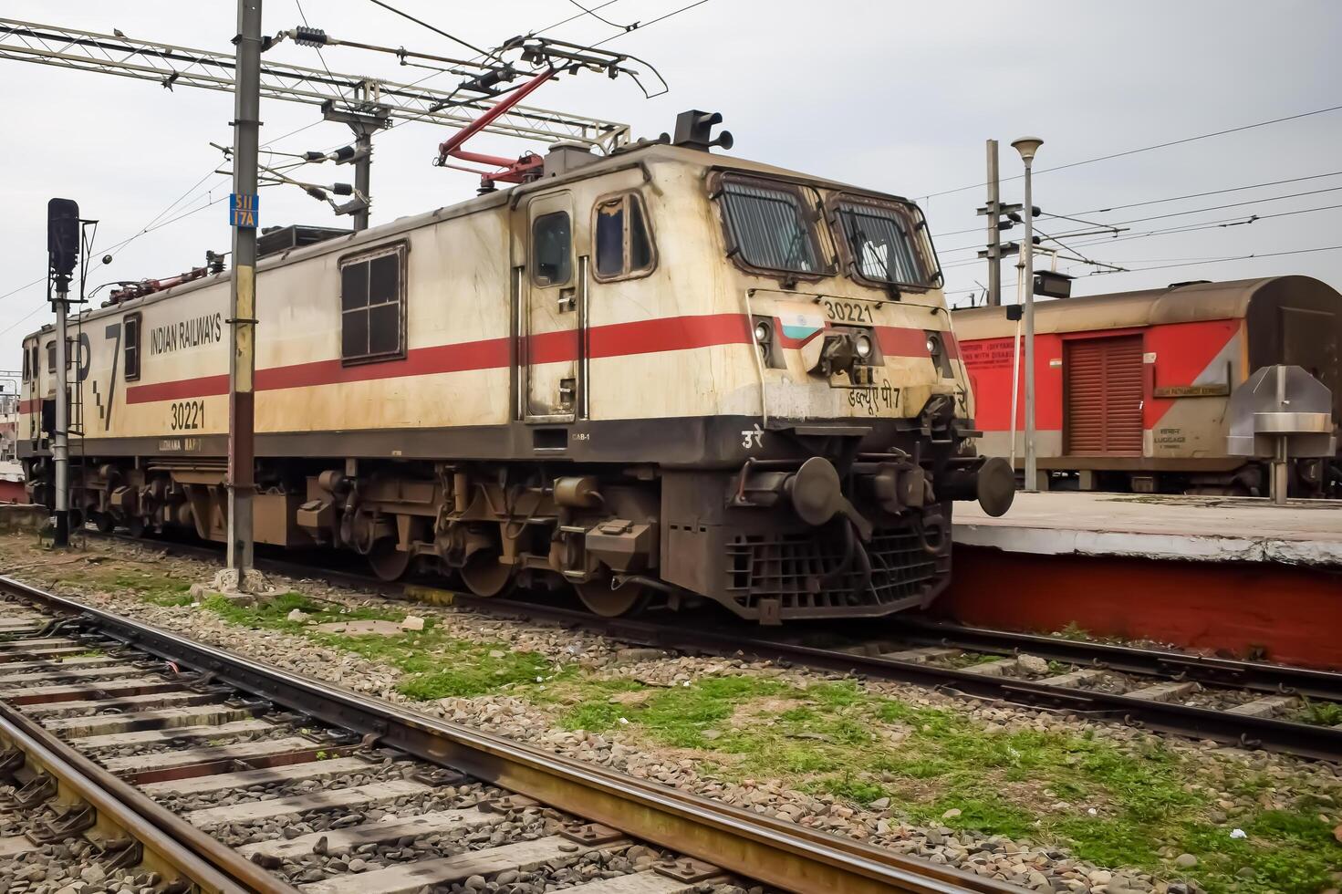 Amritsar, India, June 03 2024 - Indian train electric locomotive engine at Amritsar railway station during the day time, Amritsar Shatabdi train electrical locomotive engine photo