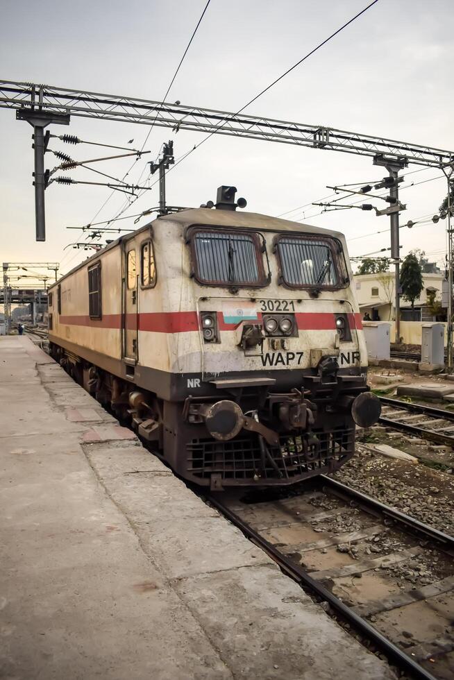 Amritsar, India, June 03 2024 - Indian train electric locomotive engine at Amritsar railway station during the day time, Amritsar Shatabdi train electrical locomotive engine photo