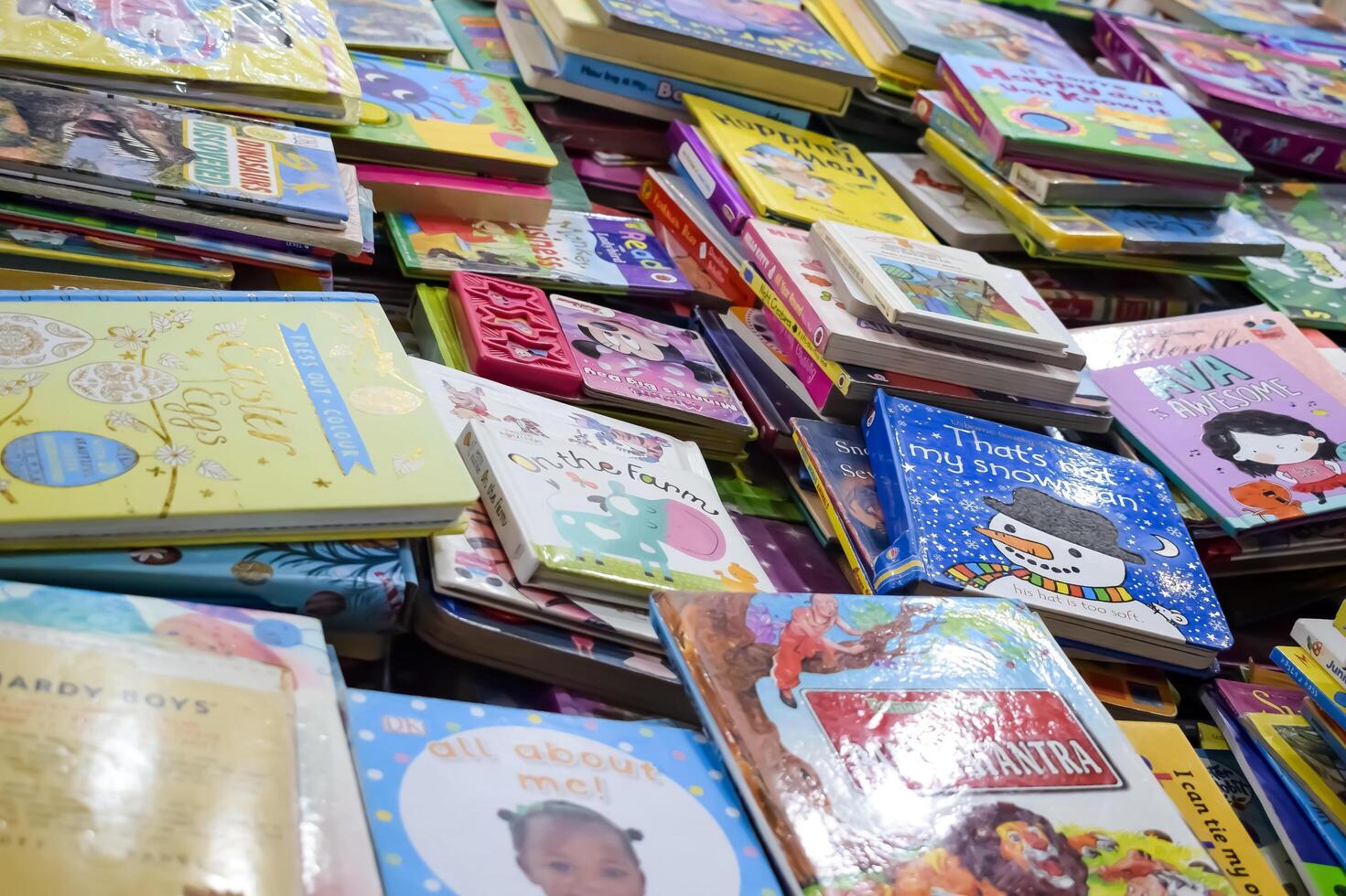 New Delhi, India, July 17 2024 - Variety of Books on shelf inside a book-stall at Delhi International Book Fair, Selection of books on display in Annual Book Fair at Bharat Mandapam complex photo