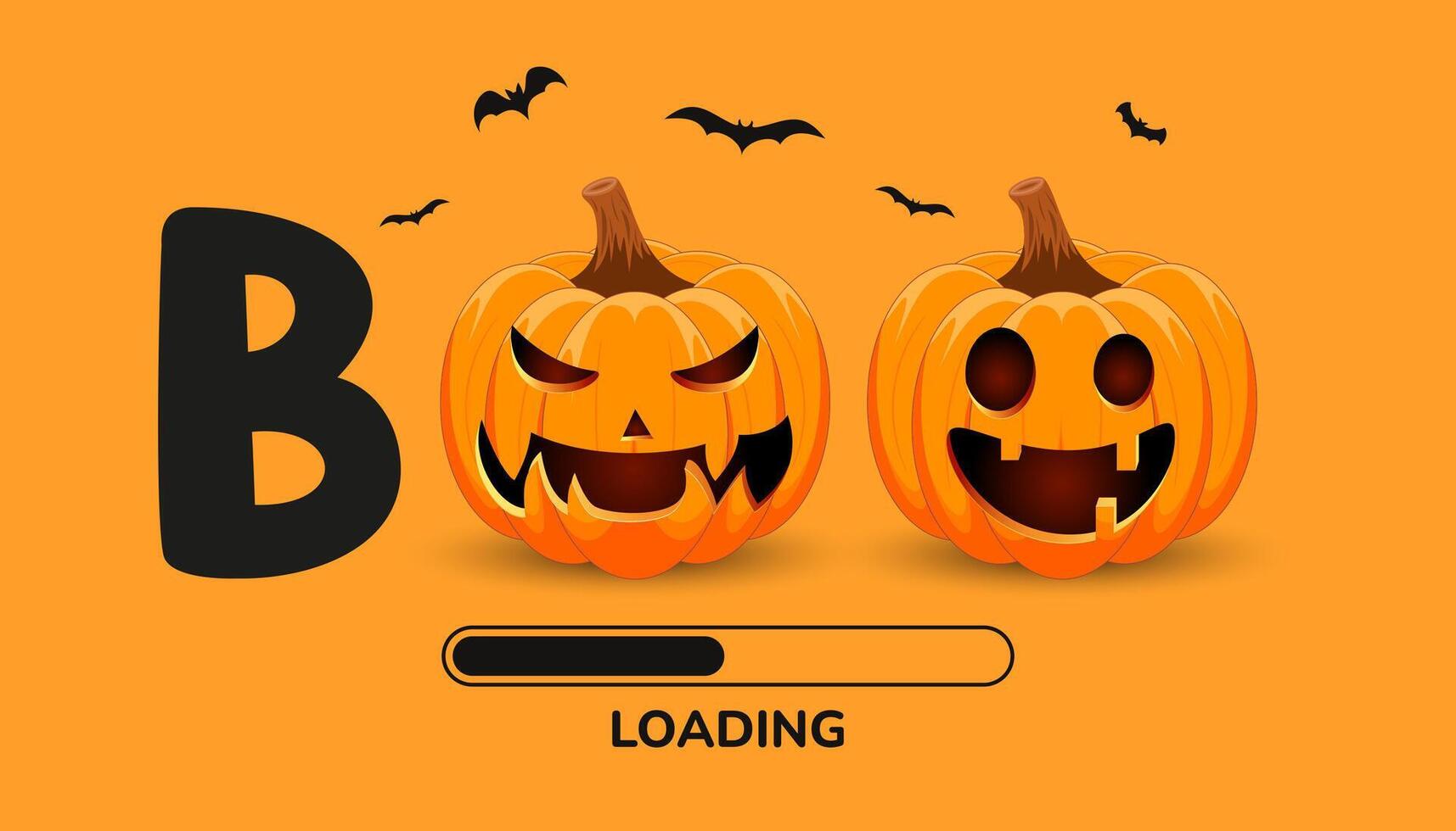 Loading Halloween banner with pumpkins and the word Boo. Orange background with bats. Perfect for Halloween events and loading screen vector