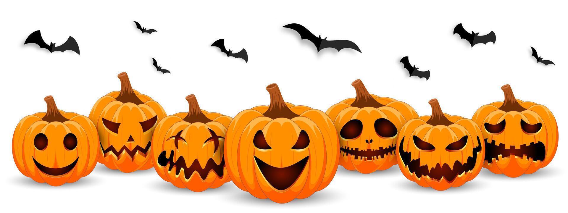 Set pumpkin on white background with black bat. The main symbol of the Happy Halloween holiday. Orange pumpkin with smile for your design for the holiday Halloween. vector