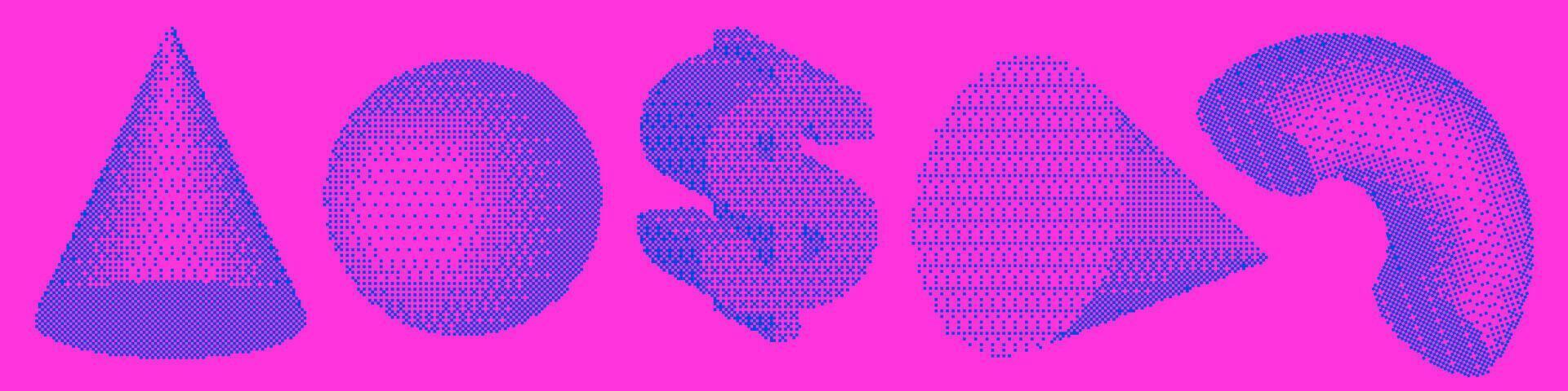 Square Pixel 80s Shapes collection. Set of trendy different bitmap 3d graphic elements - cone, ball, dollar sign, half ring. Retro futuristic clip art stickers for collage. 8 bit illustration. vector