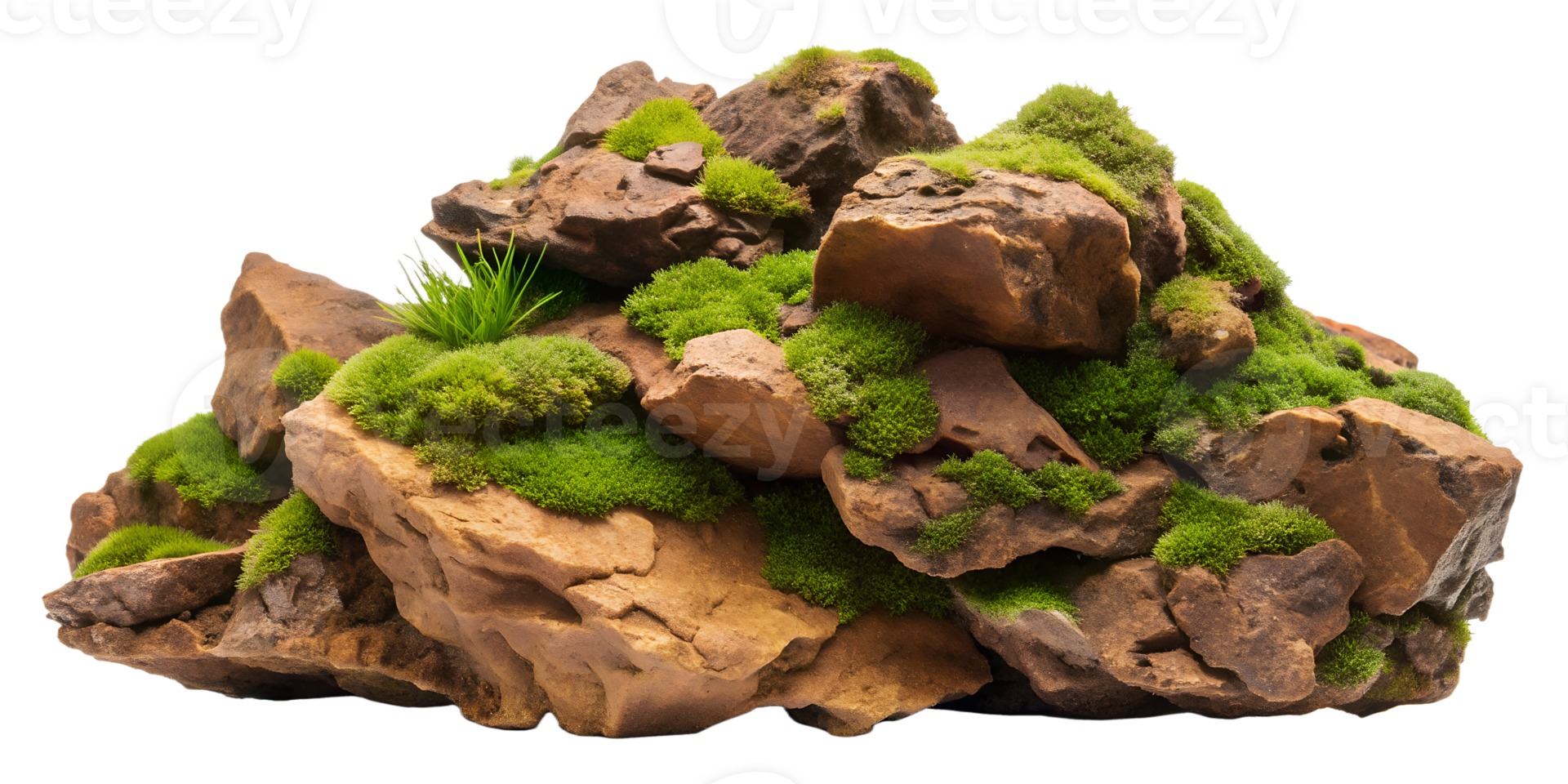 Mossy rock pile with vegetation, isolated against transparent background png