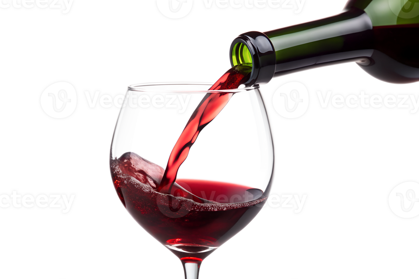 Red wine pouring into glass, isolated against transparent background png