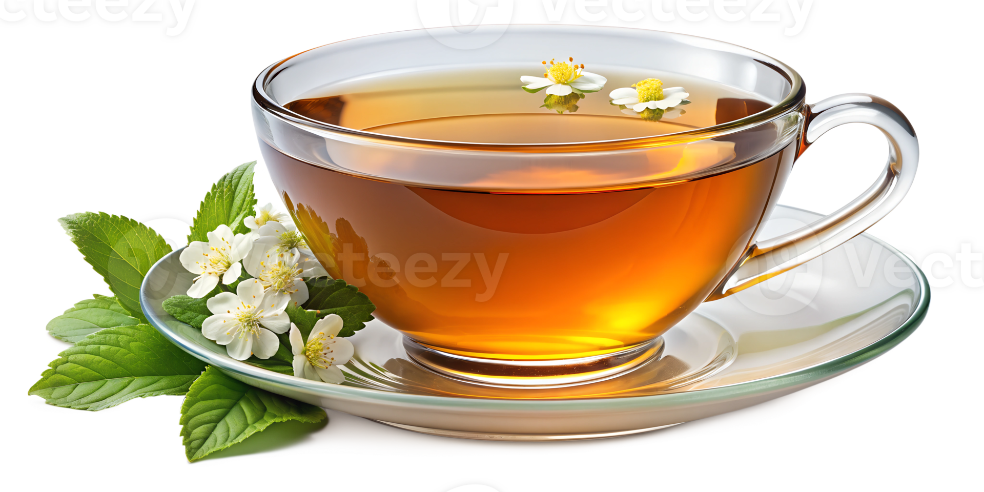 Cup of herbal tea with mint leaves and flowers, transparent background png