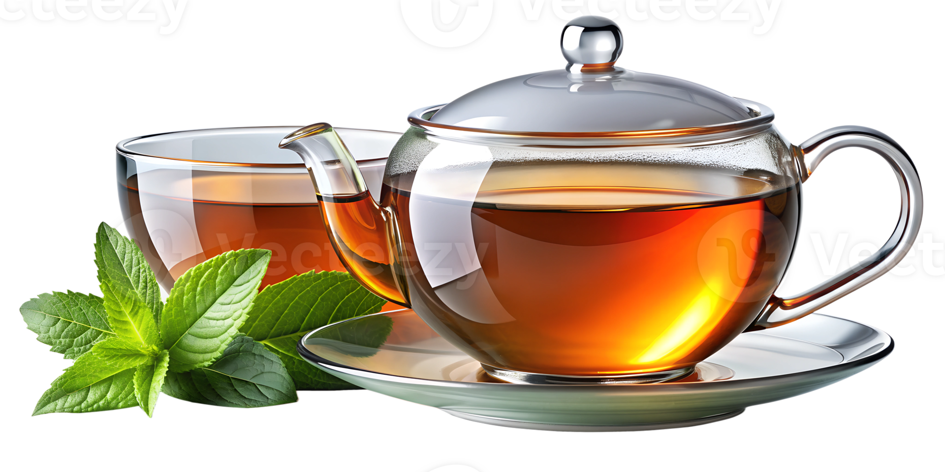 Glass teapot and cup of herbal tea with mint leaves, transparent background png