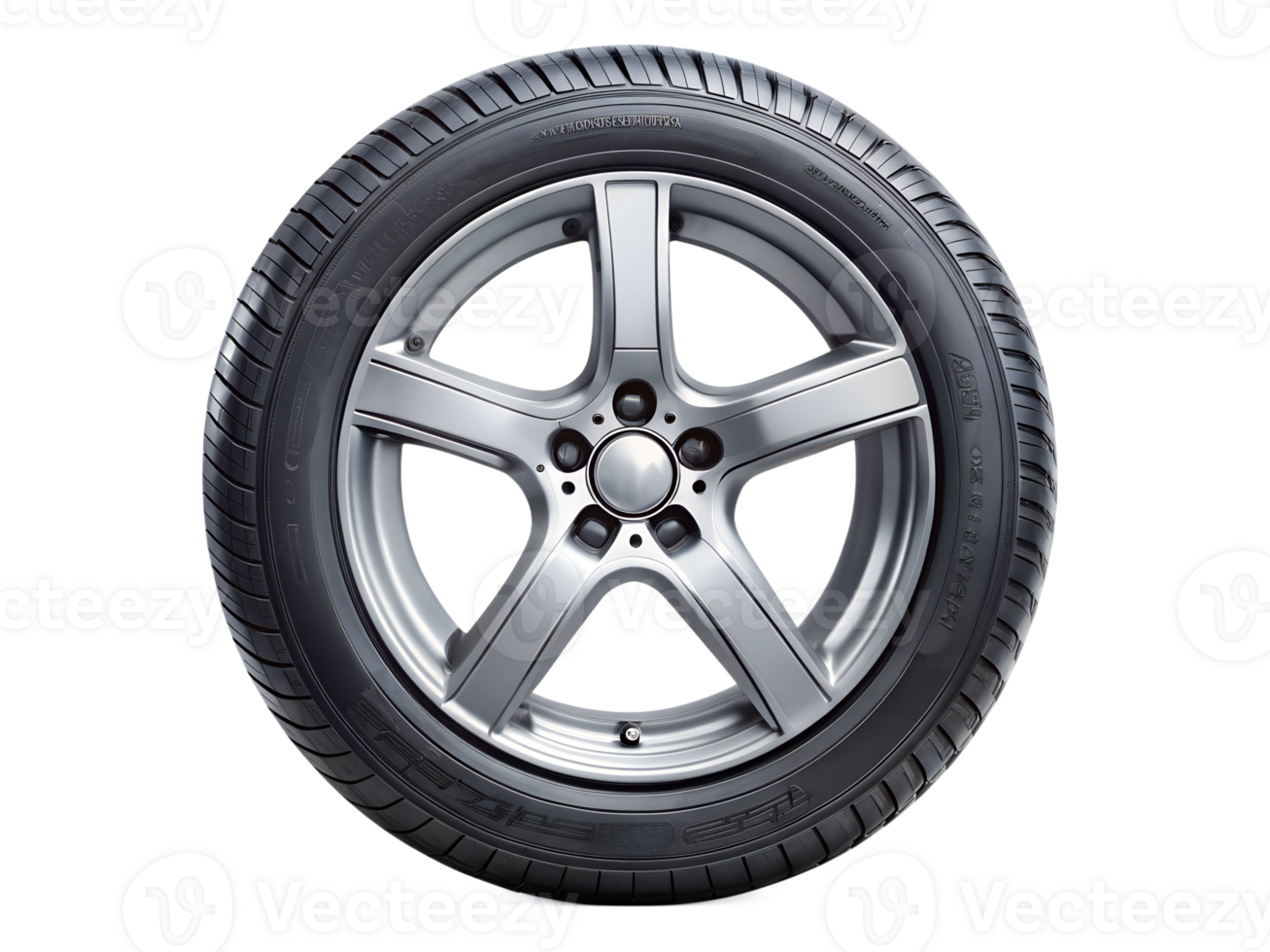 Side view of car tire with metallic rim, transparent background png