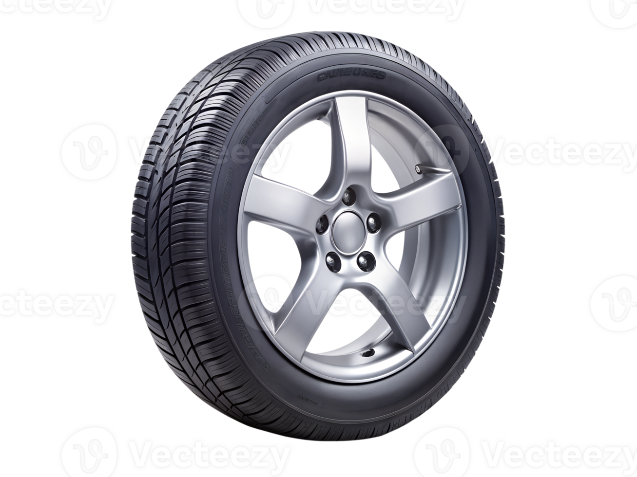 Angled view of car tire and silver rim, transparent background png