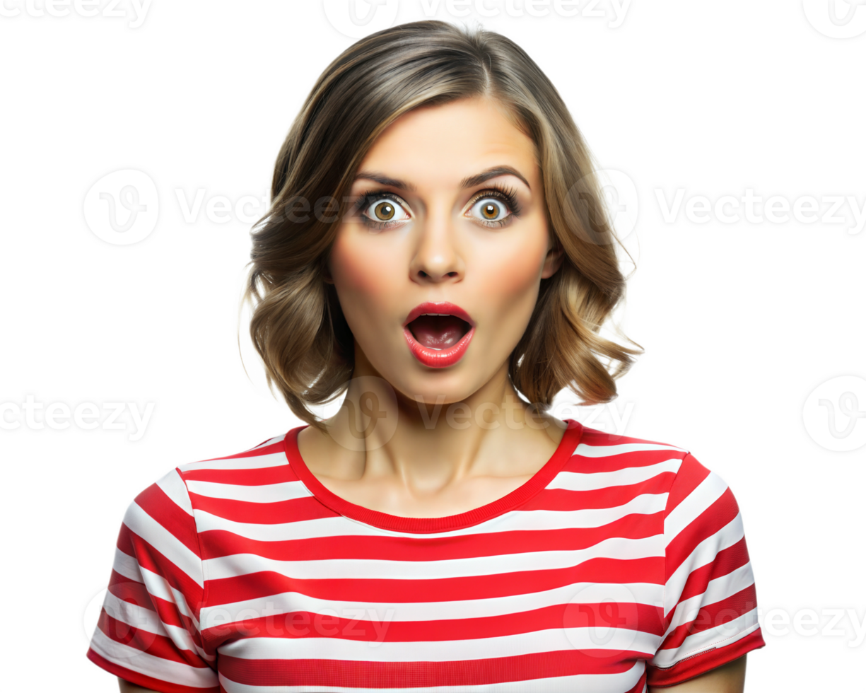 Astonished woman with short blonde hair, red striped shirt, isolated on transparent background png