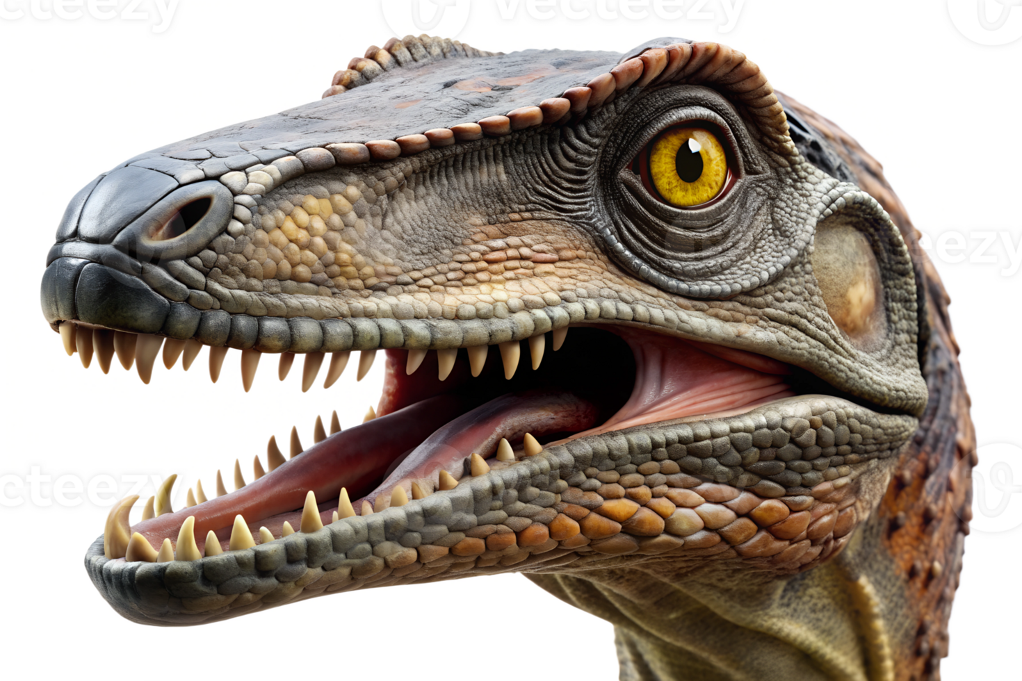 Realistic dinosaur head close-up with open mouth, transparent background png