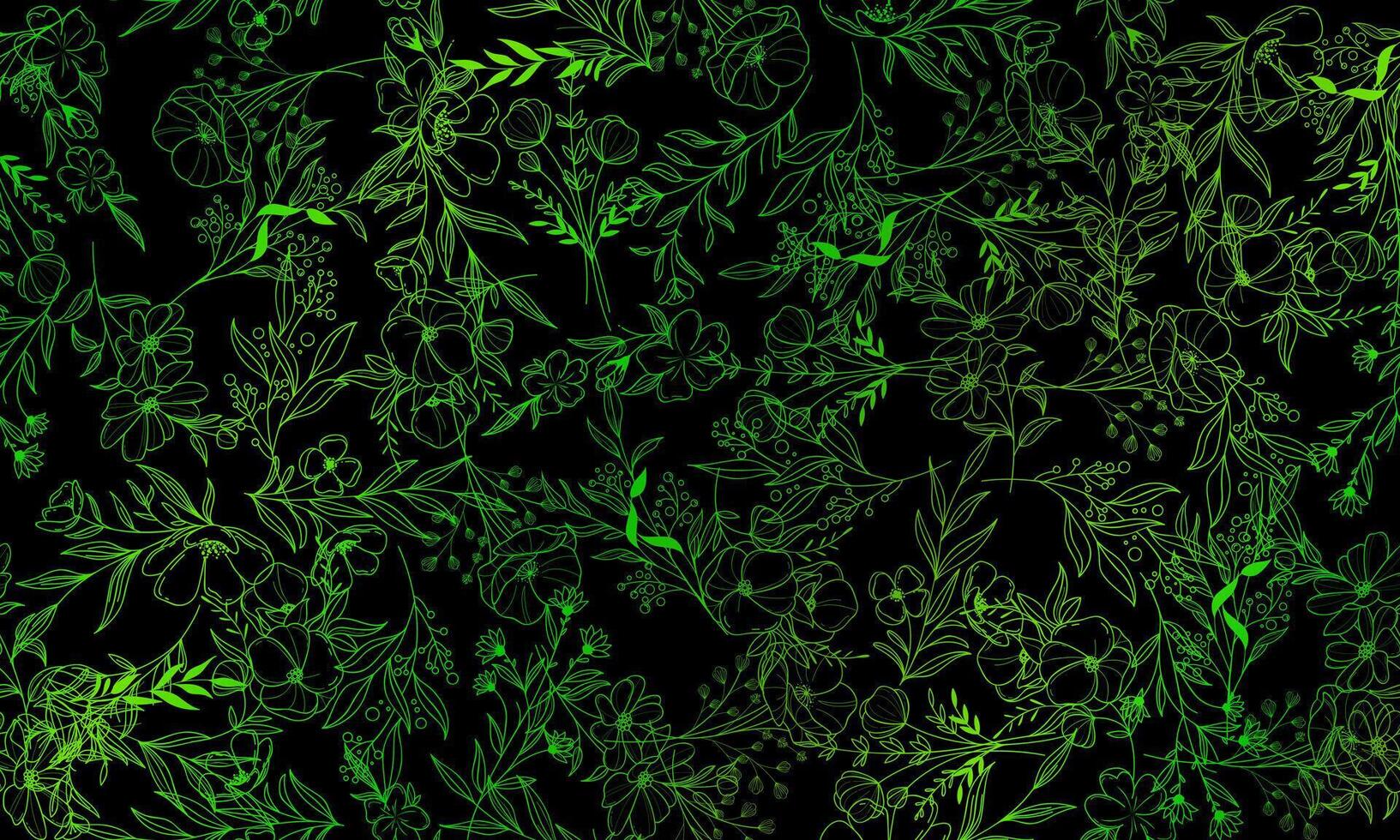 Botanical pattern, hand drawn line art leaves on dark background. green. vector