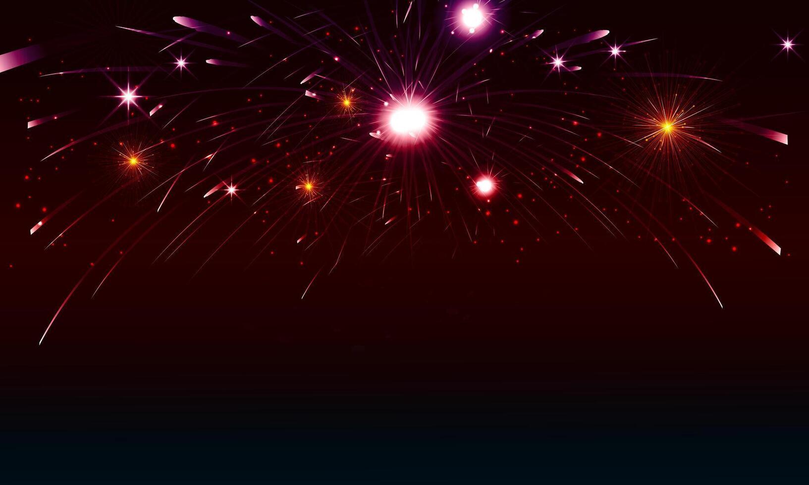 Brightly colorful Fireworks on dark background. dark red sky background. vector