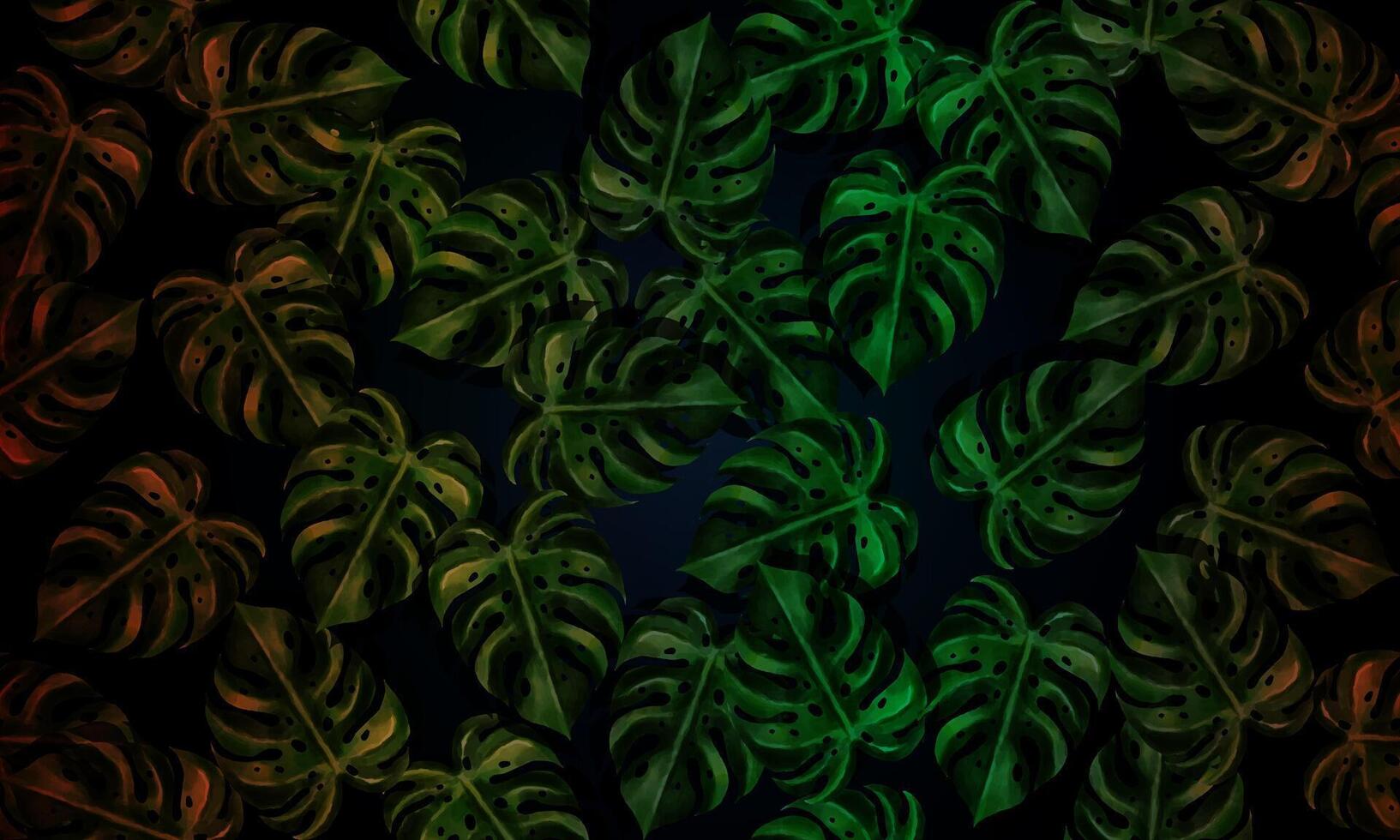 Tropical dark green palm leaves seamless pattern black background. dark floral. vector