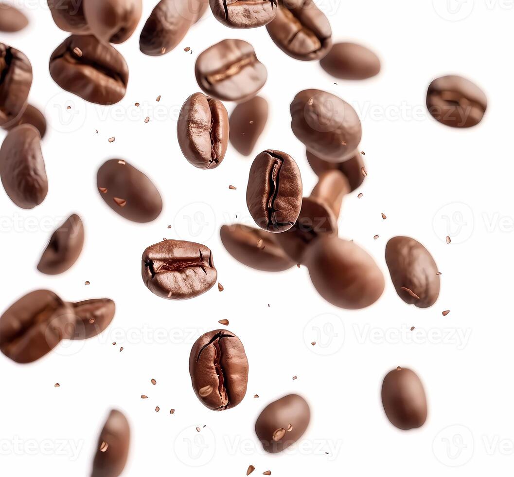 Coffee beans flying on a white background. Isolated falling coffee beans. Flying defocusing coffee grains. Applicable for cafe advertising, packages, menu design photo