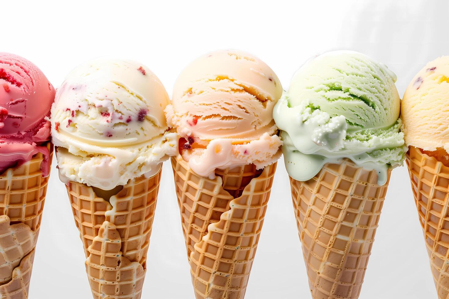 Set of various ice cream scoops of different colors and flavours in waffle cones. Ice cream advertising, summer promotion photo