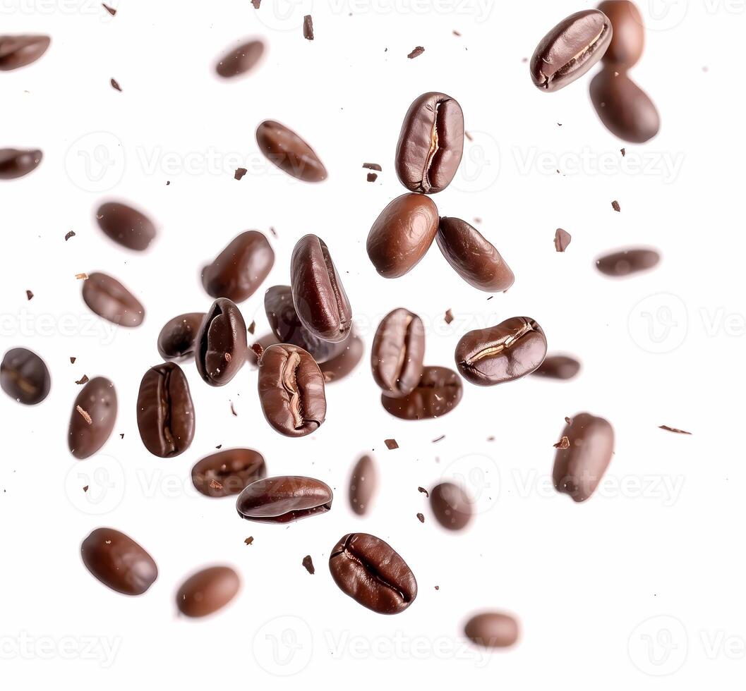 Coffee beans flying on a white background. Isolated falling coffee beans. Flying defocusing coffee grains. Applicable for cafe advertising, packages, menu design photo